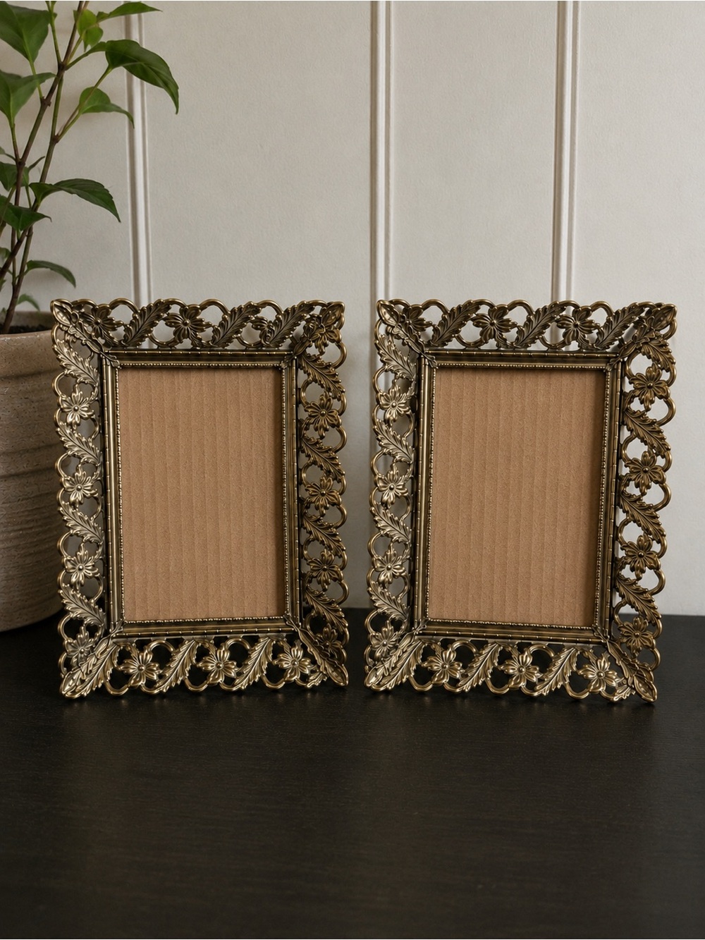 Two Elegant Vintage Gold Tone Metal Ornate Filigree 5 x 7 Picture Frame